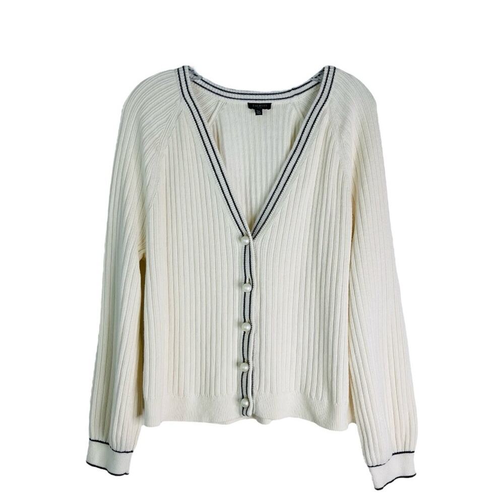 Talbots cream blue ribbed preppy pearl academia cardigan sweater LP